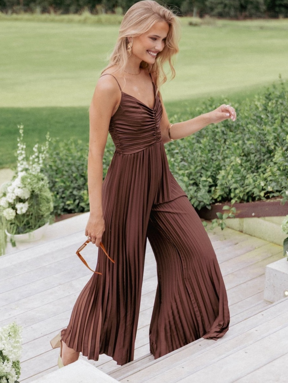 Petal & Pup Angelique Pleated Jumpsuit Chocolate Brown Pleated Satin
